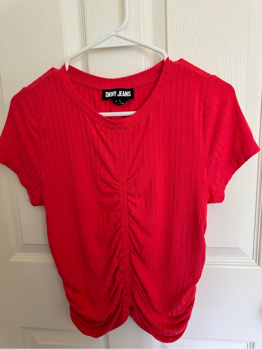 DKNY Red Ribbed Short Sleeve Ruched Front Top